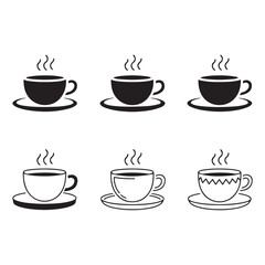 Six stylized coffee cups with steam set for beverage enjoyment morning warm drink vector