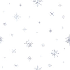 Seamless pattern with snow and snowflakes in different shapes and forms. Christmas and New Year background. Watercolor hand drawn illustration on isolated background. Repeat print for design paper