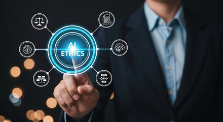 Navigating AI Ethics A visionary touch on the future of responsible technology set against a bokeh background and soft