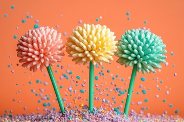 Colorful Decorative Flowers Made of Cotton Swabs on Vibrant Background