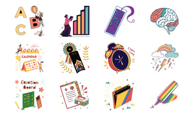 Educational Icons Set with Alphabet ABC, Growth Chart, Bookmark, Brain, Calendar, Alarm Clock, Cloud Storage, Equation Board, Telescope, File Folder and Highlighter
