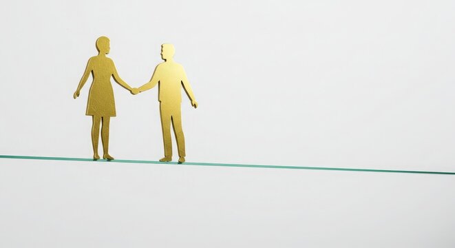 Golden figures of a couple walking hand in hand across a thin green line, symbolizing partnership, balance, and shared journey with trust and support for business or personal growth