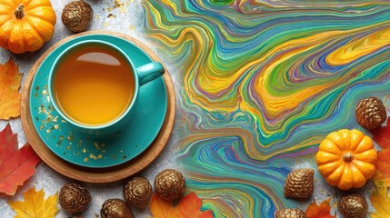 Vibrant Autumn Scene with a Cup of Tea, Colorful Swirls, Mini Pumpkins, and Decorative Elements on a Rustic Surface