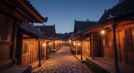 Fototapeta premium A winding village alley in Indonesia, stone-paved path glowing faintly from lanterns, wooden houses closely lined, starry sky visible above rooftops