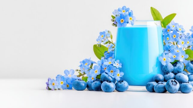 Refreshing Blue Drink Surrounded by Blue Flowers and Berries on a Clean White Background