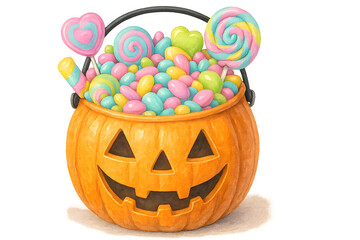 A Halloween basket filled with candy and a pumpkin with a scary face
