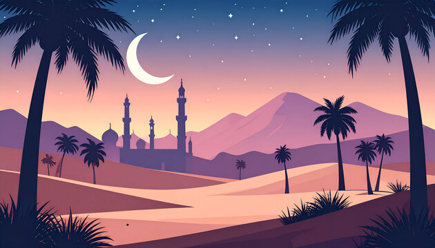 Desert landscape with palm trees crescent moon and city silhouette at dusk.