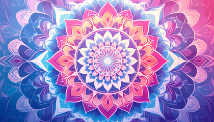 Colorful symmetrical mandala design with pink purple orange and blue hues.