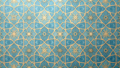 Ornate blue and gold geometric pattern background with repeating floral and star shapes.