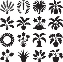 Potted Plants and Botanical Silhouettes Including Ferns and Flowers leaf