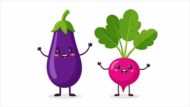 Cute cartoon eggplant and radish illustration