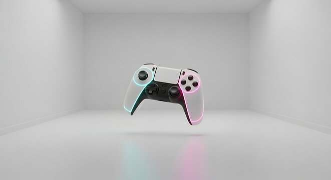 Modern gaming controller floating in futuristic white room with subtle lighting