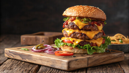 juicy double cheeseburger with melted cheese stacked on rustic wooden board