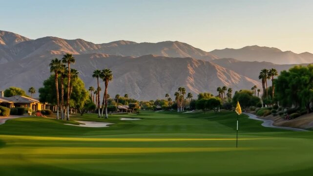 Lush green golf course with mountain backdrop at sunrise or sunset palm trees and sand traps