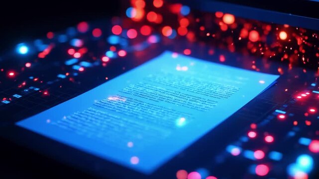 Illuminated document displayed on a futuristic surface with glowing particles in a dark environment