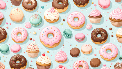 Assorted donuts cupcakes and macarons are arranged on a light blue background.