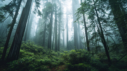 Obraz premium Misty morning in a dense redwood forest, California.