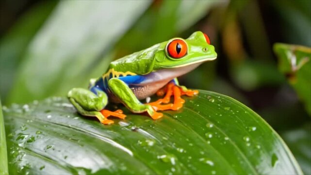 Colorful tree frog on leaf