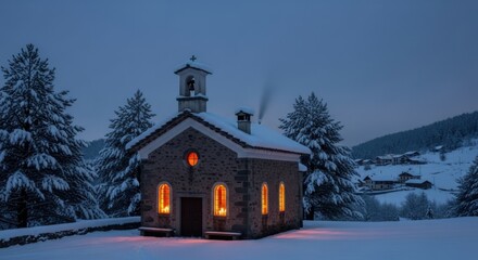 Small Stone Chapel Lit Up in Snowy Winter Evening Landscape