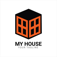 Stylized 3D Cube Logo with Window Cutouts and Text My House Your Tagline home building