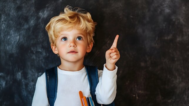 Blonde preschool boy with backpack pointing up in front of chalkboard background — perfect for back-to-school ads, educational blogs