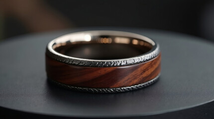 Textured metal ring with smooth wood inlay on dark matte background