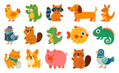 Fototapeta premium PNG Colorful cartoon animal collection, element set on transparent background