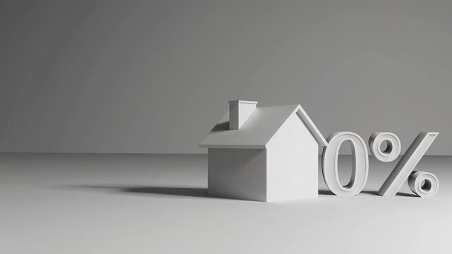 White miniature house model with zero percent symbol isolated on a white background represents the concept of zero interest rate for real estate investment