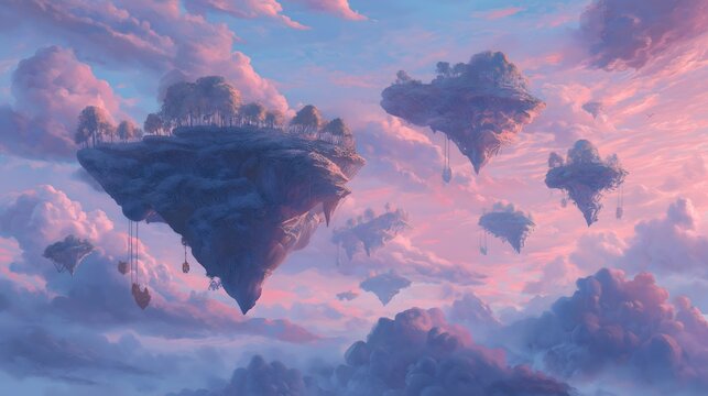 floating islands in pastel sky fantasy world