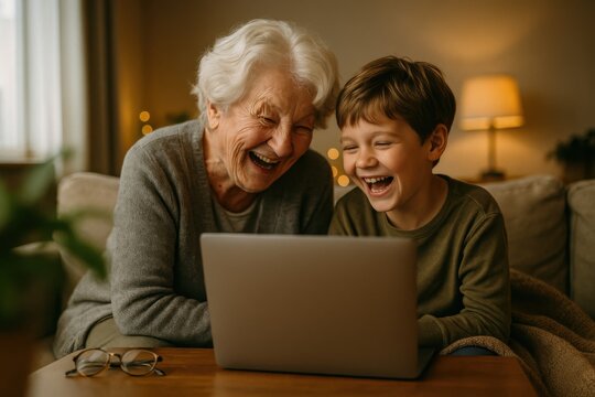Happy grandmother and grandson laughing together while using laptop computer at home in warm cozy living room
- Powered by Adobe