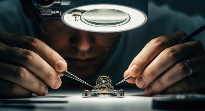 Watchmaker delicately balancing the complex tourbillon carriage using specialized handheld tools under a magnifier lamp.