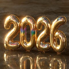 Golden Foil Balloon Numbers 2026. Shiny metallic design for New Year's Eve, celebration, future date, and upcoming events.