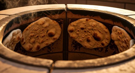 Sunlit Close-Up of Rustic Clay Tandoor Oven with Freshly Baked Bubbling Naan, Highlighting Traditional Indian Culinary Art and Authentic Heritage Kitchen Warmth.