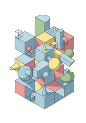 Fototapeta premium Isometric Abstraction Colorful Geometric Composition of Cubes, Cylinders, and Forms