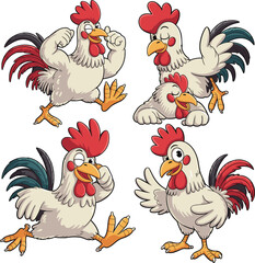 Funny cartoon rooster set in different poses, comic farm animal character, expressive chicken illustrations, vector clipart for animation, design