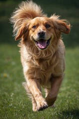 Golden Retriever in Motion: Running Dog in Sunlit Field