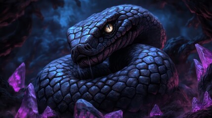 Fototapeta premium A Dark Blue Serpent Curled Among Vibrant Crystals in Mysterious Environment