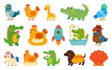 Obraz premium PNG Colorful cartoon animal illustrations, element set on transparent background