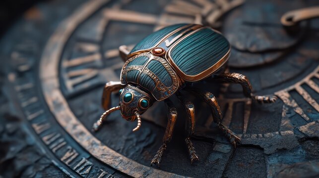Intricate Vintage Beetle Sculpture on Old Clock Face with Detailed Patterns and Colors - Powered by Adobe