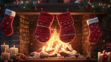 Cozy fireplace with red Christmas stockings and candles creating a festive holiday atmosphere