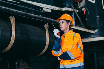 Female engineer in orange reflective jacket and hardhat uses a walkie-talkie while inspecting locomotive engine, representing women in engineering, industrial communication, and railway safety. © eakgrungenerd