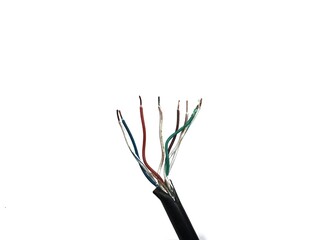 UTP (Unshielded Twisted Pair) Category 6 (Cat6) LAN cable which has had its protector removed, showing eight copper cables twisted together.