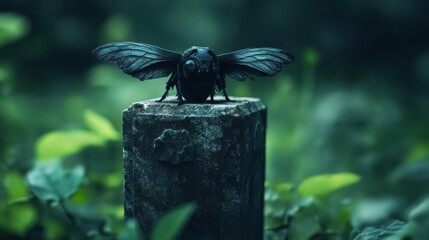 Mysterious black moth perched on a weathered post surrounded by lush green foliage in nature