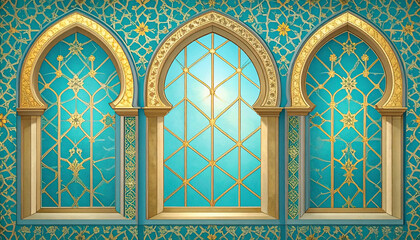 Three arched windows with gold trim against a patterned teal background.