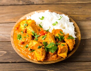 Chicken curry with rice on wooden plate