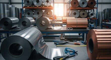 Workshop filled with rolls of mumetal and copper shielding sheets illustrating materials essential for SQUID magnetometer shield room production.