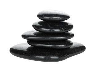 Stack of Wet Black Spa Stones for Relaxation and Zen Balance, Isolated on Transparent Background
