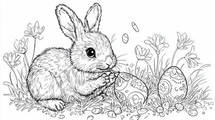 Cute Rabbit Coloring Page with Easter Eggs and Flowers