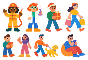PNG Colorful cartoon characters in activities, element set on transparent background