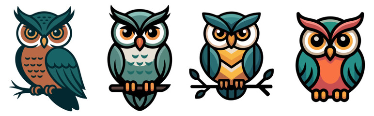 Fototapeta premium Cute Owl Vector Set, Vector illustration of Owl Bird animal set, owl, bird, logo, design, cute, drawing.